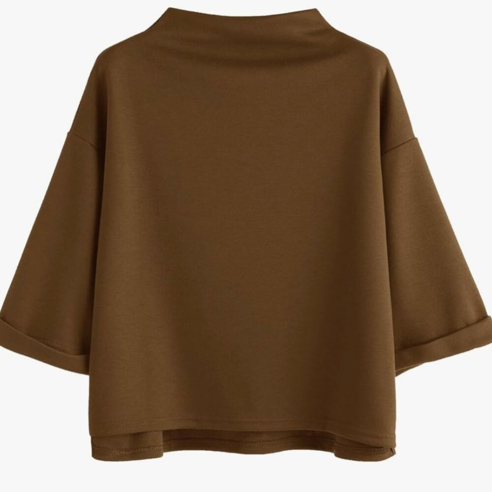 Retro 3/4 Sleeve Mock Neck Mod Loose 60s Shirt | Size L